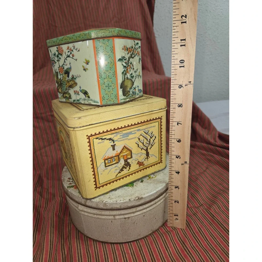 Vintage Metal Tin Lot Home Sweet Home Cross Stitch Chinoiserie Floral 3pc Set